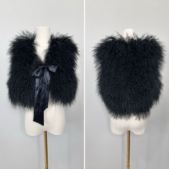 Chaarm NY Tibetan Mongolian Lamb Fur Vest Satin Ribbon XS/S Crop Boho Glam Rock - Picture 5 of 16